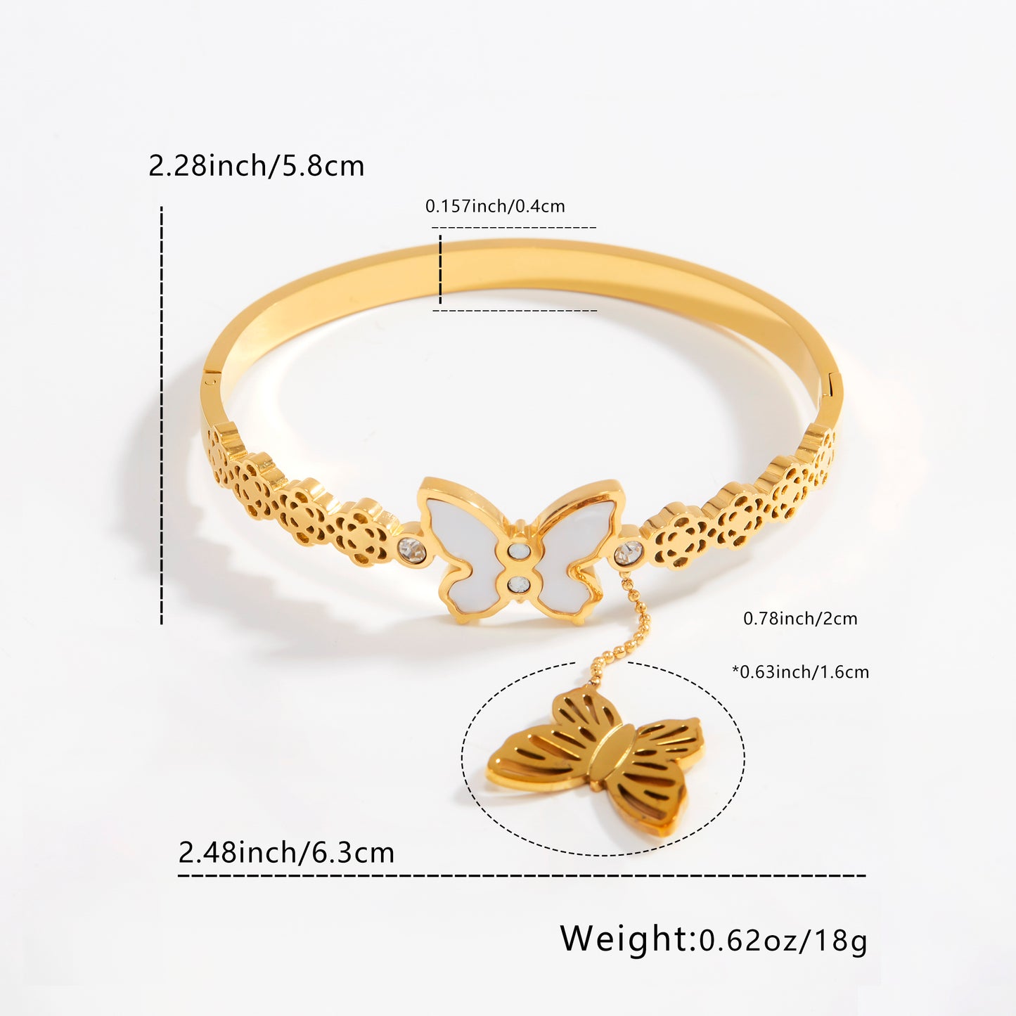 Ladies' fashionable bracelet, hollow with a butterfly decorative pendant, in a luxurious and blingbling style. It is hypoallergenic and made of stainless steel. Suitable for daily wear, vacations, parties, banquets and as a birthday gift.