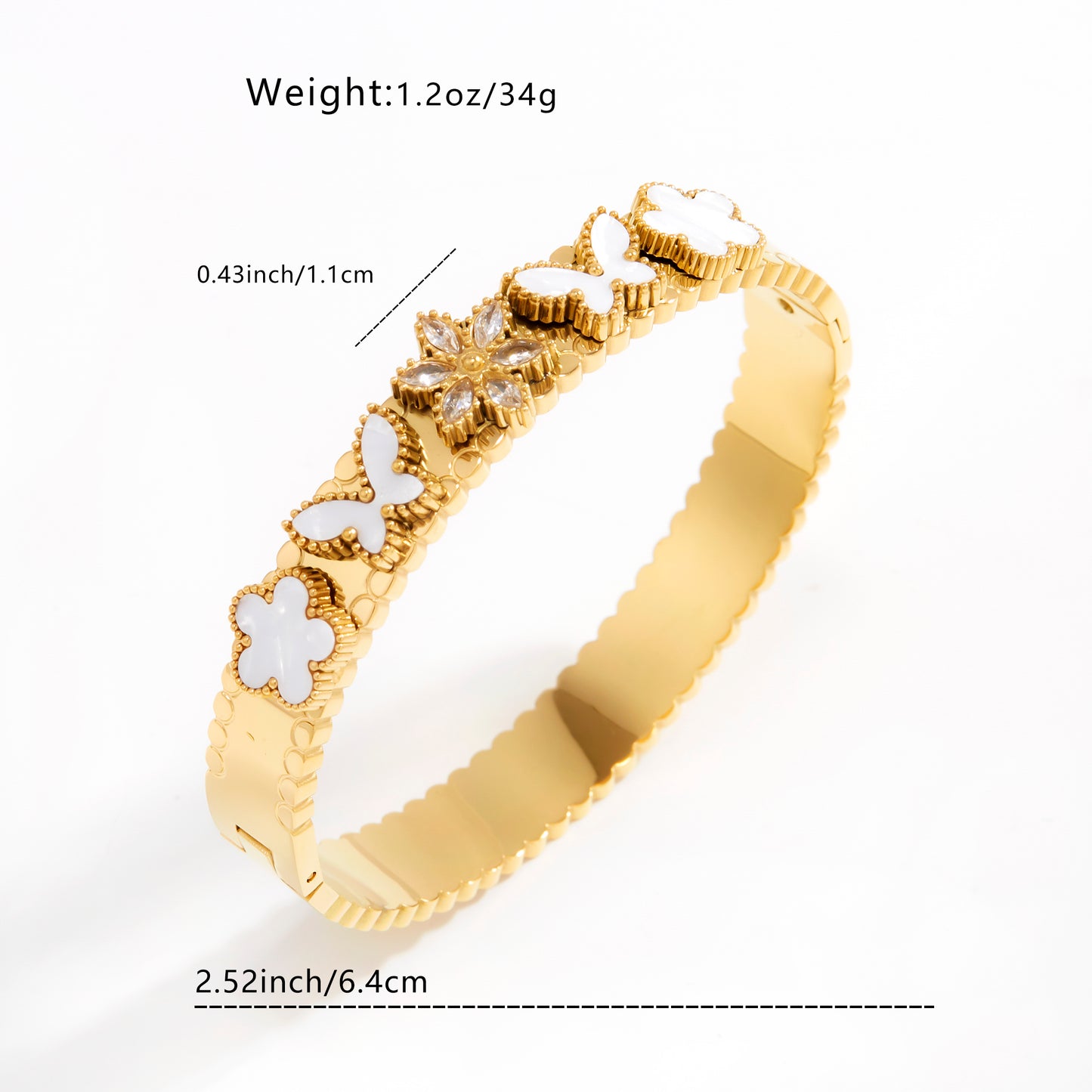 Ladies' fashionable bracelet, featuring butterfly and flower designs, in a retro and luxurious style. It is hypoallergenic, made of stainless steel and has a golden color. Suitable for daily wear, banquets, vacations, weddings and as a gift.